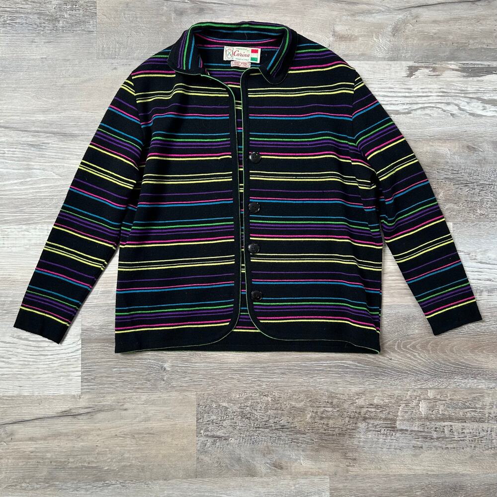 Vintage 70s Carina Wool Cardigan Rainbow Stripe Mod Retro Made in Italy S
